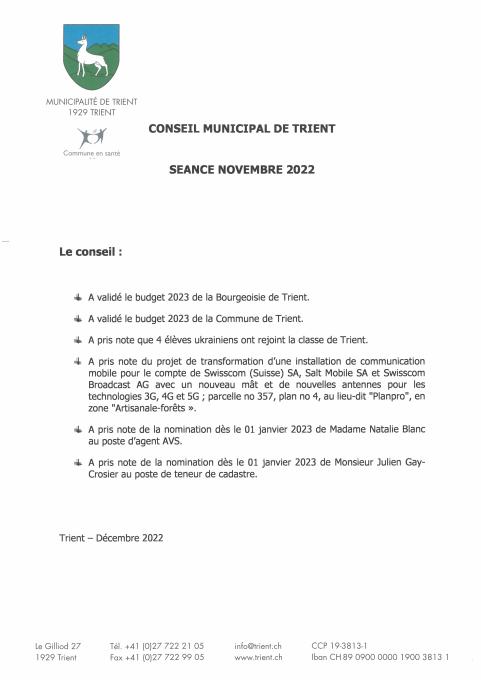 Décisions de conseil novembre 22