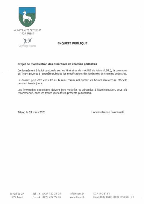 Enquête publique du 24.03.23 - Projet de modification des itinéraires de chemins pédestres
