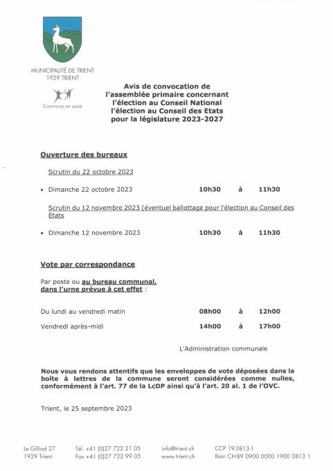 Election au Conseil National et au conseil des Etats du 22 octobre 2023