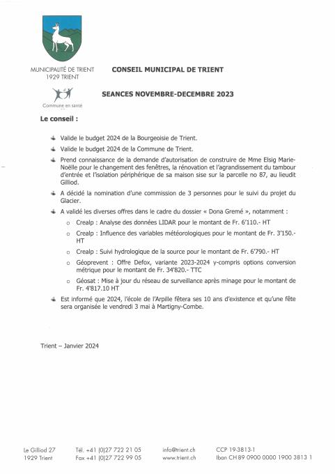 Décisions de conseil - Novembre-Décembre 23