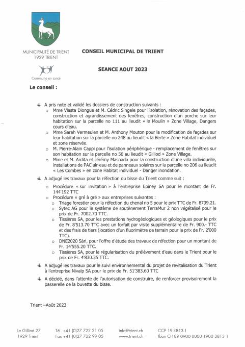 Décisions de conseil - Août 23