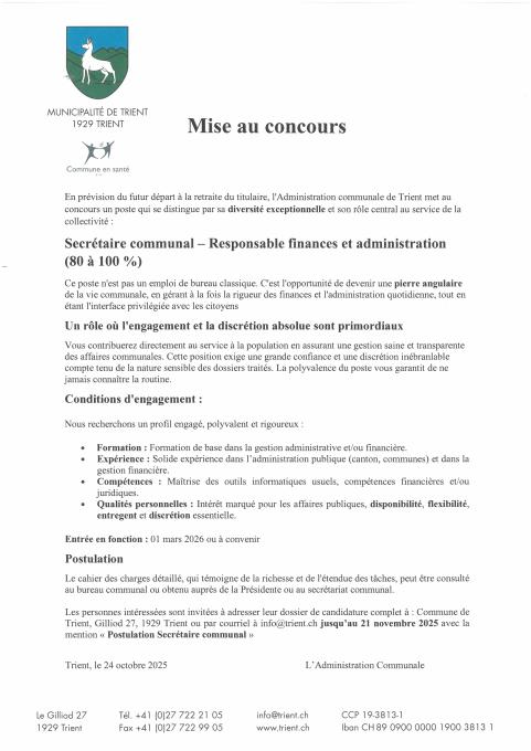 Mise au concours - Secrétaire communal - Responsable finances et administration (80-100%)